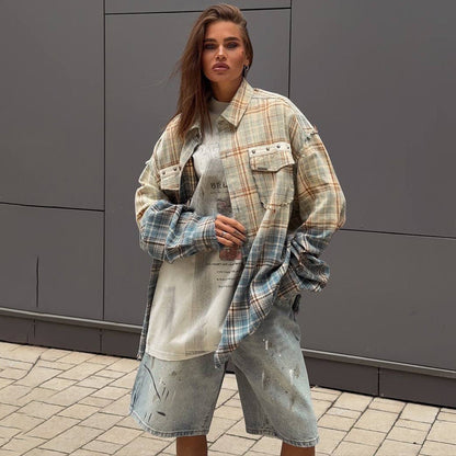 Damen Oversized Karohemdjacke mit Taschen