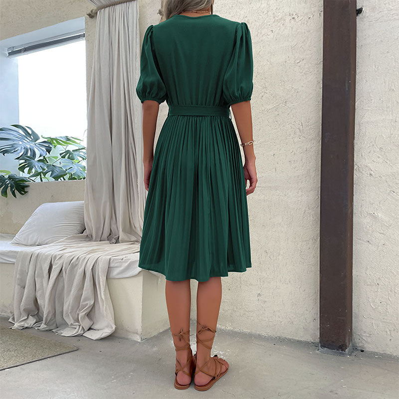 Damen Wickelkleid Voluminöse Ärmel Faltenrock Elegantes Design