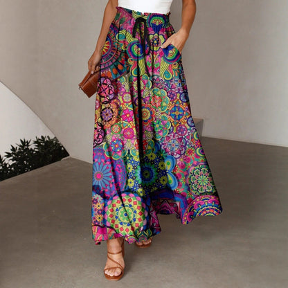 Damen Maxirock Bunt Mandala Muster Seitentaschen