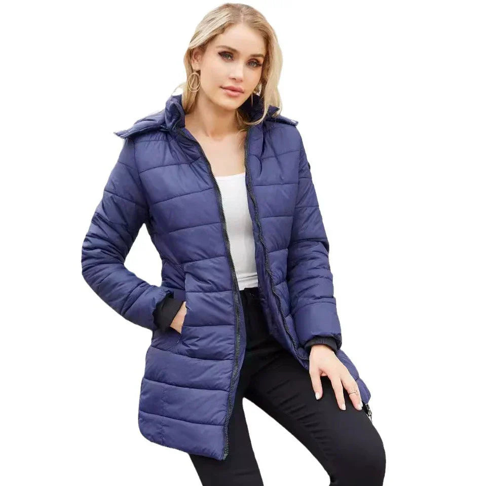 Damen Pufferjacke Steppdesign Mittellang Abnehmbare Kapuze