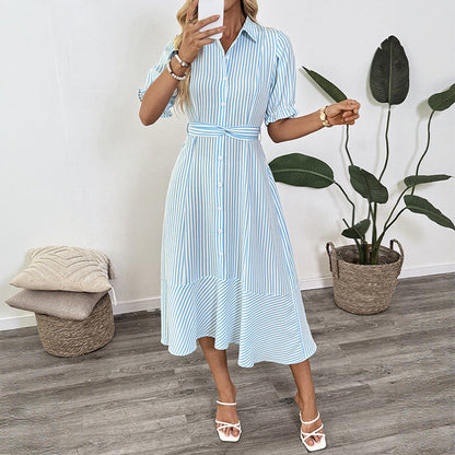 Damen Hemdblusenkleid Asymmetrischer Saum Puffärmel Eveloria