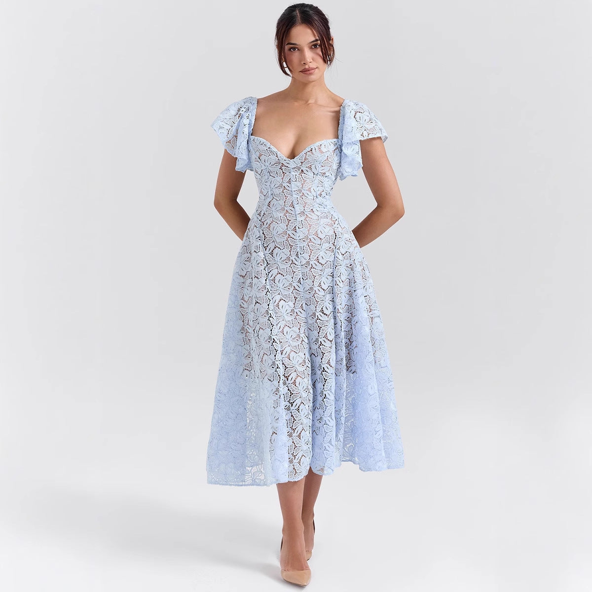 Damen Maxikleid Spitze Voluminöse Rüschen Herzförmiger Ausschnitt