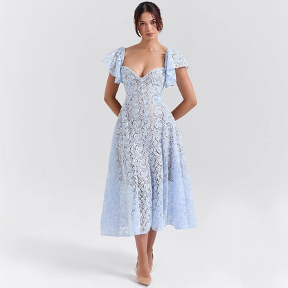 Damen Maxikleid Spitze Voluminöse Rüschen Herzförmiger Ausschnitt
