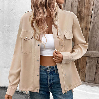 Damen Overshirtjacke Leicht Dekorative Druckknöpfe Blau