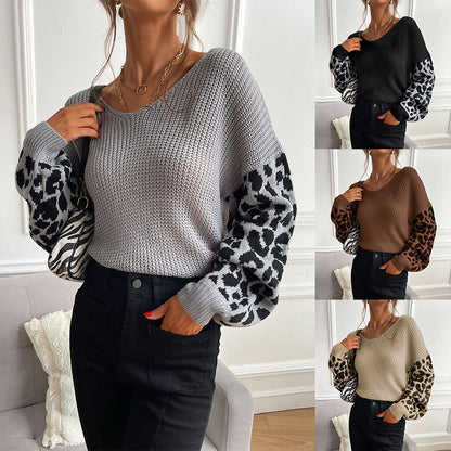 Damen Strickpullover Animal-Print Ärmel - Eveloria