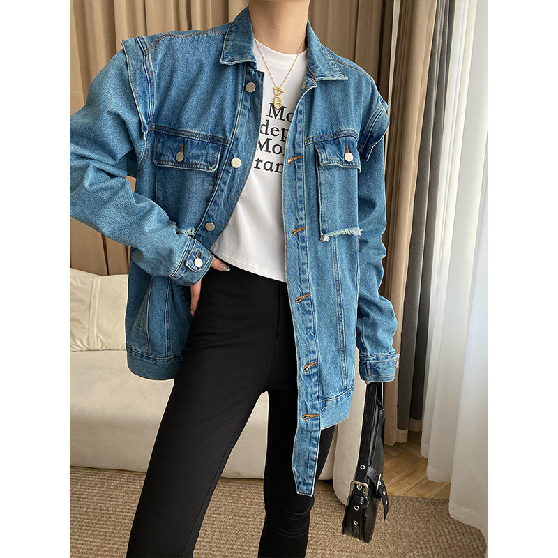 Damen Denimjacke Übergangsjacke mit Knöpfen und Taschen Blau - Eveloria