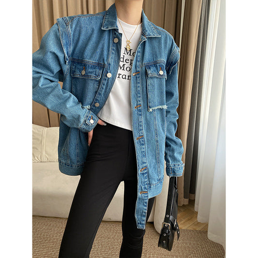 Damen Denimjacke Übergangsjacke mit Knöpfen und Taschen Blau - Eveloria