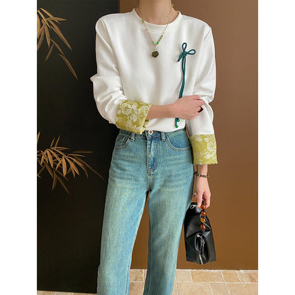 Damen Langarmshirt Floralem Kragen Dekorativ Detail Eveloria - Eveloria
