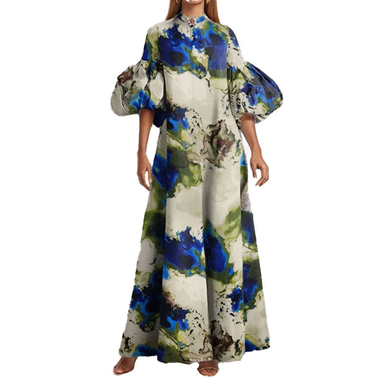 Damen Maxi-Kleid Volantärmel Abstrakt Muster