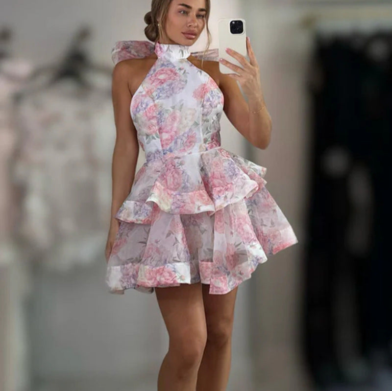 Damen Rüschenkleid Floralmuster Hoher Kragen Schwarz - Eveloria