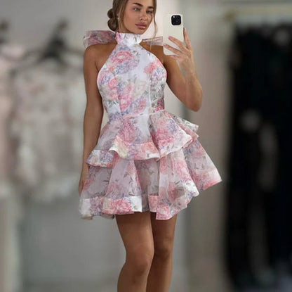 Damen Rüschenkleid Floralmuster Hoher Kragen Schwarz - Eveloria