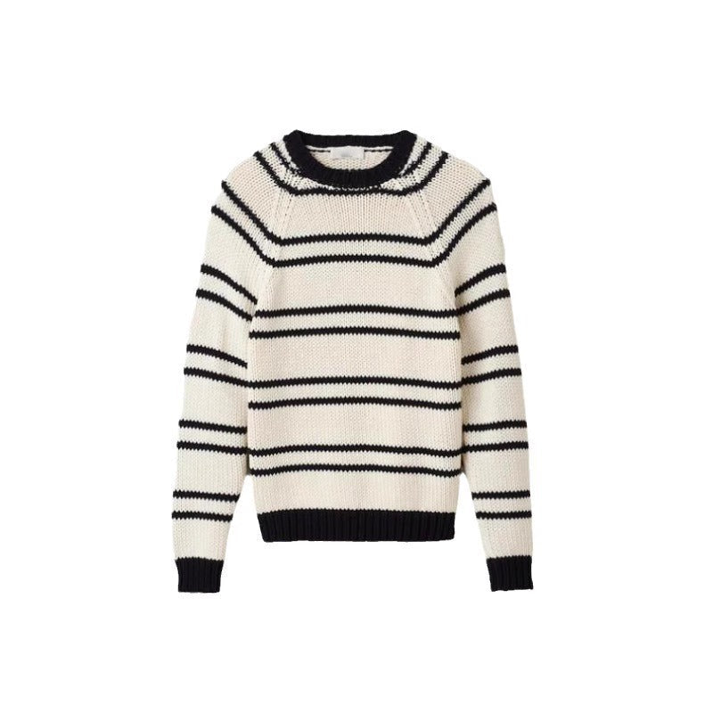 Damen Streifenpullover Grobstrick weiß Eveloria