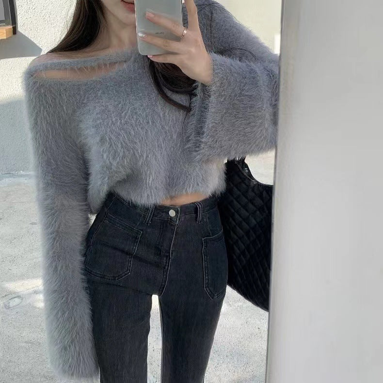 Damen Cropped Pullover Flauschig Weiches Strickmuster Grau