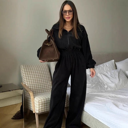 Damen Fleece-Jumpsuit Oversized Stehkragen Elastisch Eveloria