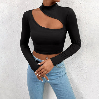Damen Langarm Crop Asymmetrischer Ausschnitt Stehkragen Eveloria