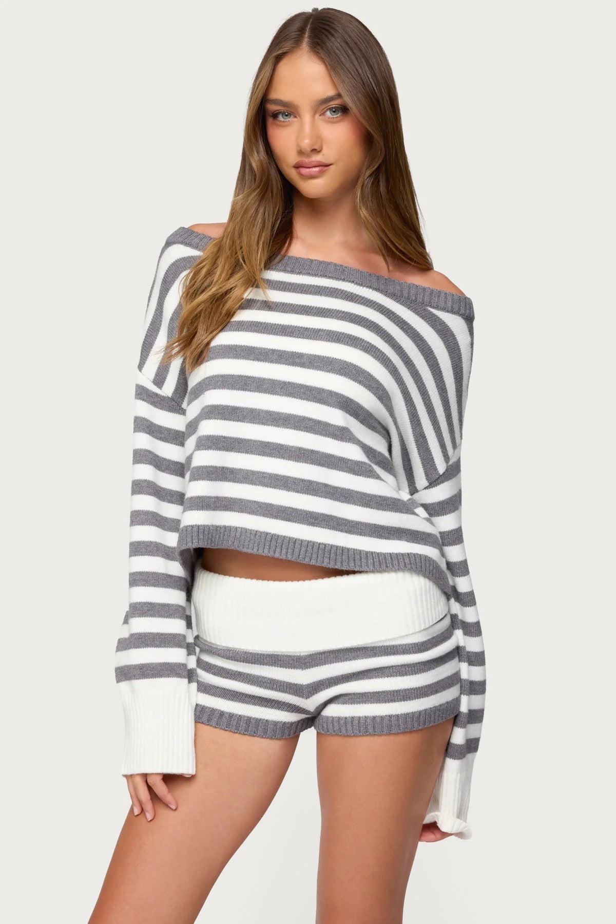 Damen Kurzarm-Oberteil und Shorts Set Streifenmuster Eveloria