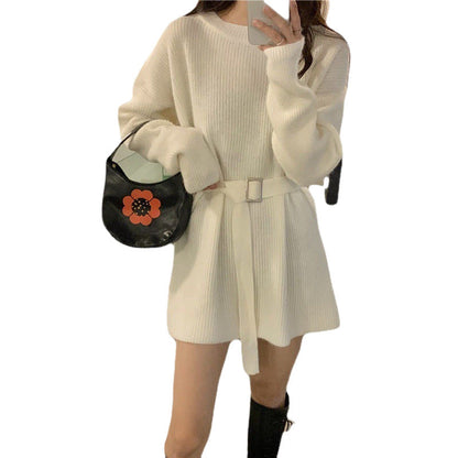 Damen Strickkleid Taillengürtel Lockerer Schnitt Beige