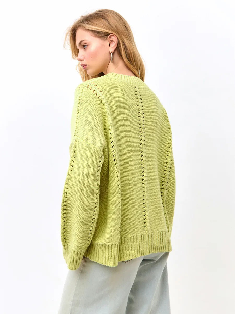 Damen Strickpullover Feine Lochmusterung Breite Bündchen Beige