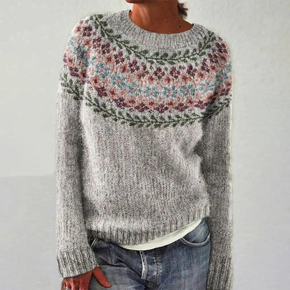 Damen Pullover Floralmuster Jacquard Weites Design Beige
