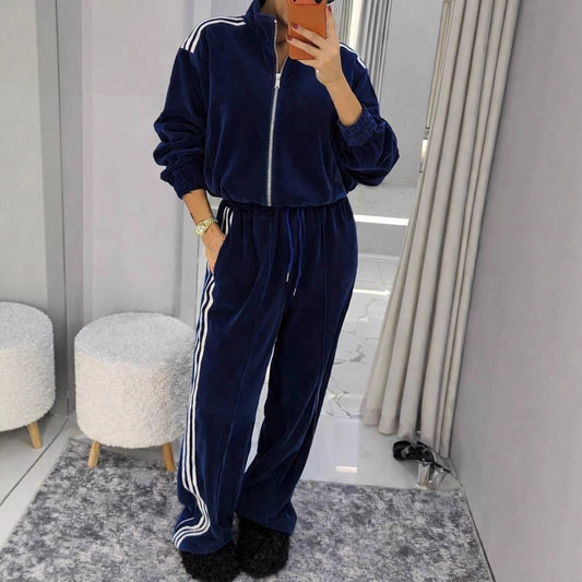 Damen Velours Jogginganzug Elastischer Bund Hochgeschlossener Kragen - Eveloria