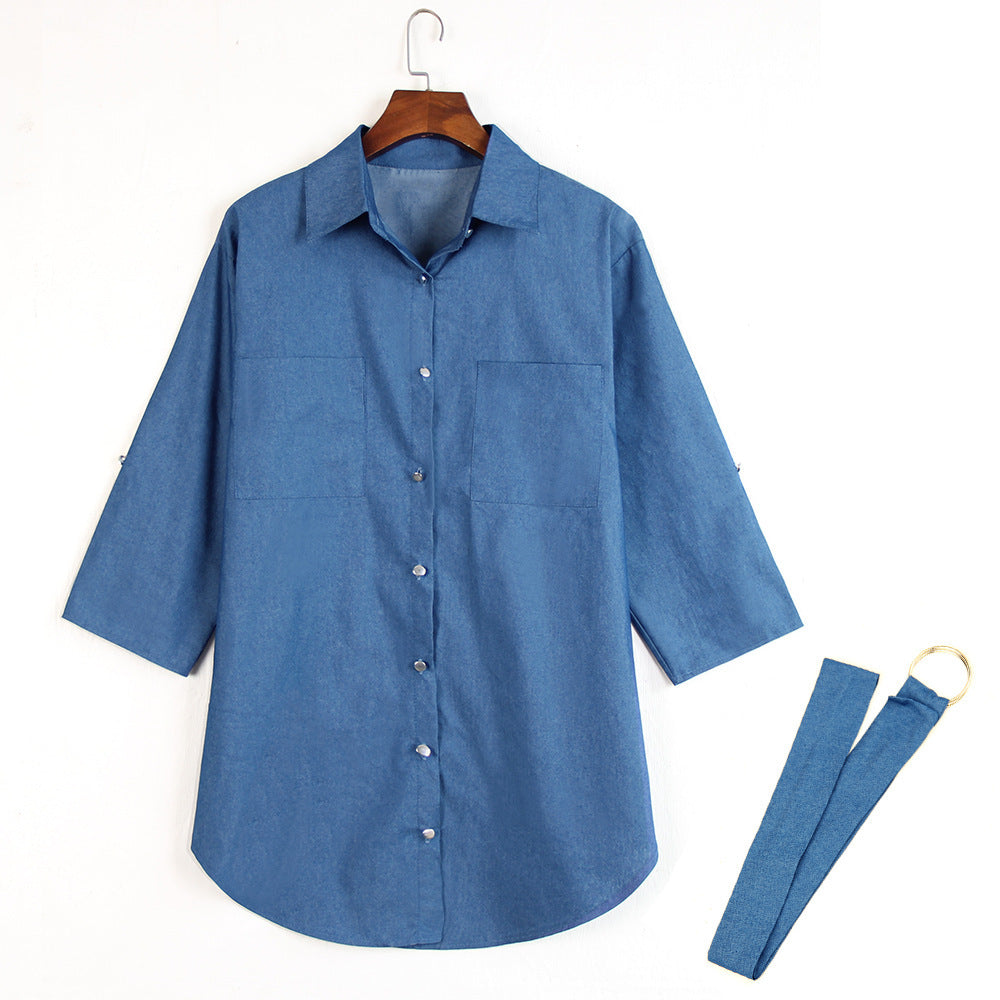 Damen Denim Hemd mit Taschen und Taillengürtel Blau
