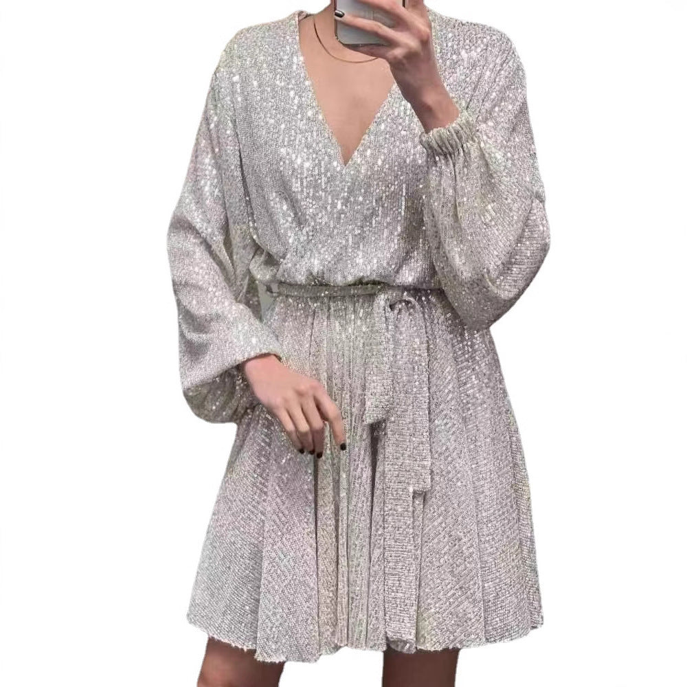 Damen Glitzerndes Mini-Kleid V-Ausschnitt Puffärmel Eveloria