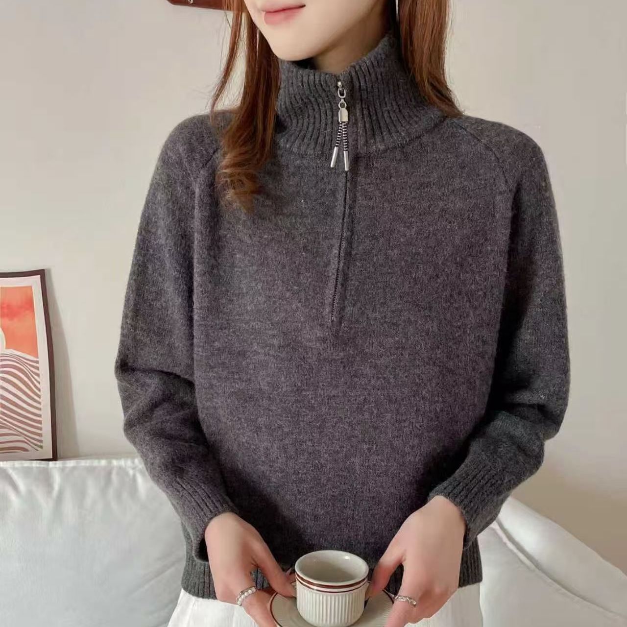 Damen Pullover Stehkragen Kuschelig Grün - Eveloria