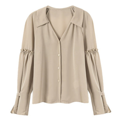 Damen Bluse Rüschendetails V-Ausschnitt Eveloria