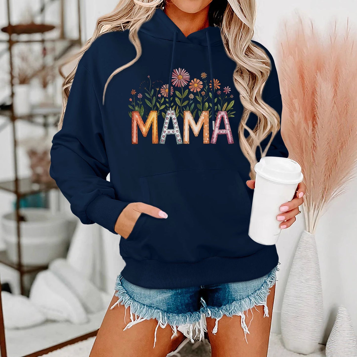 Damen Kapuzenpullover Floralmuster mit Schriftzug Eveloria