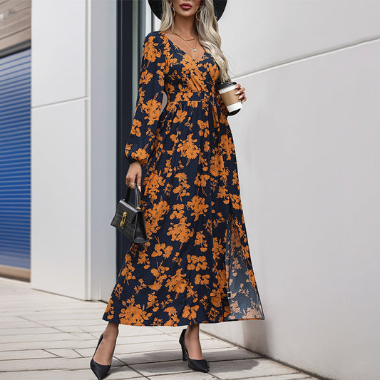 Damen Maxikleid Floralmuster Seitenschlitz - Eveloria