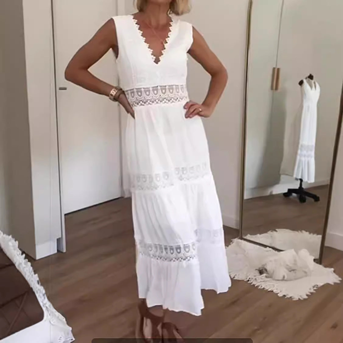Damen Maxikleid V-Ausschnitt Häkelapplikationen