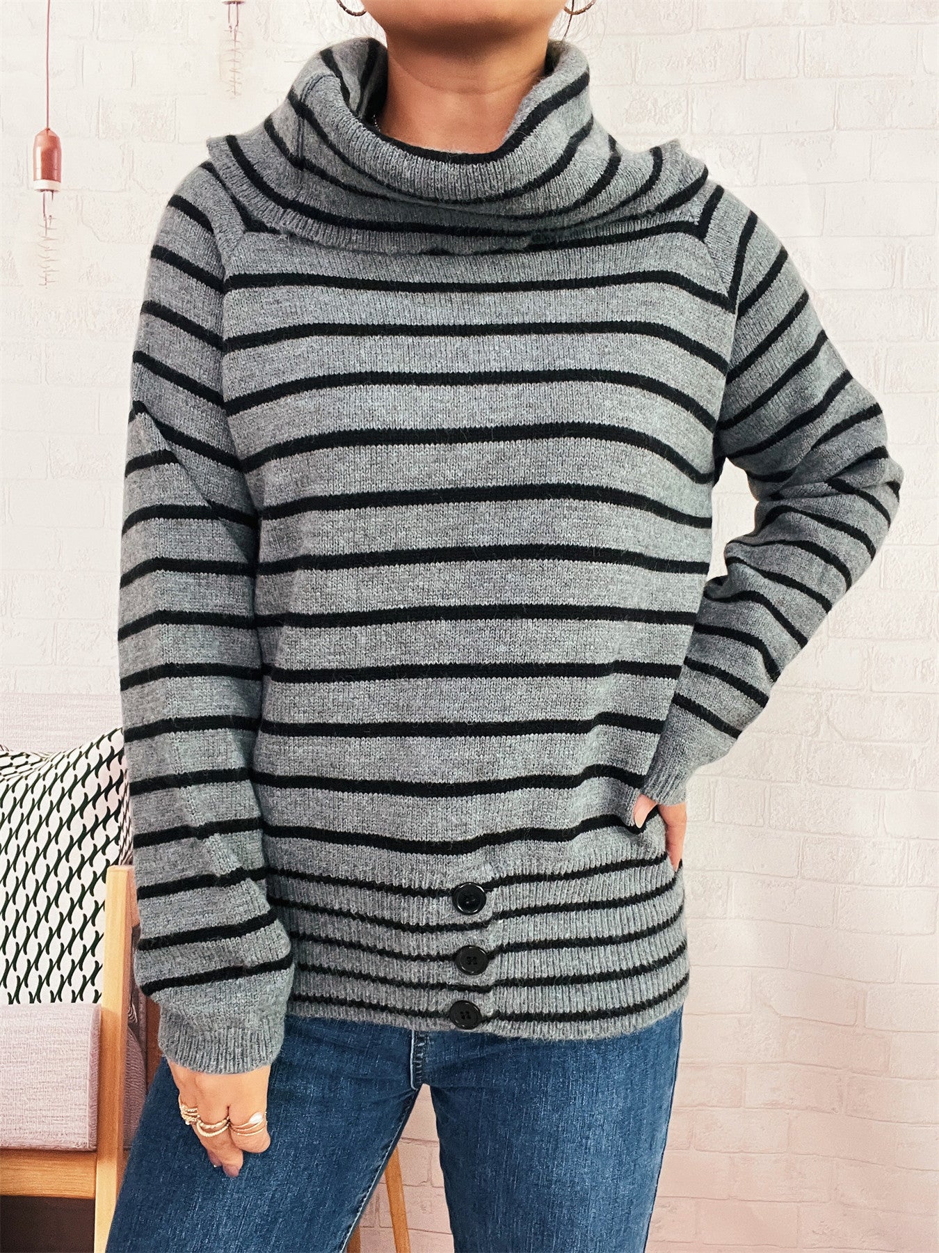Damen Strickpullover Hochkragen Mit Knöpfen Eveloria