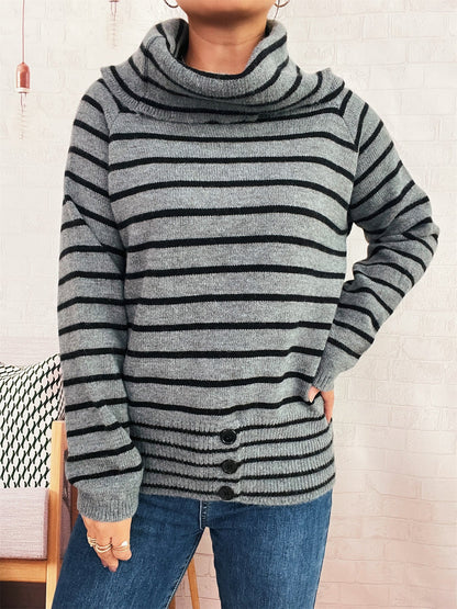 Damen Strickpullover Hochkragen Mit Knöpfen Eveloria