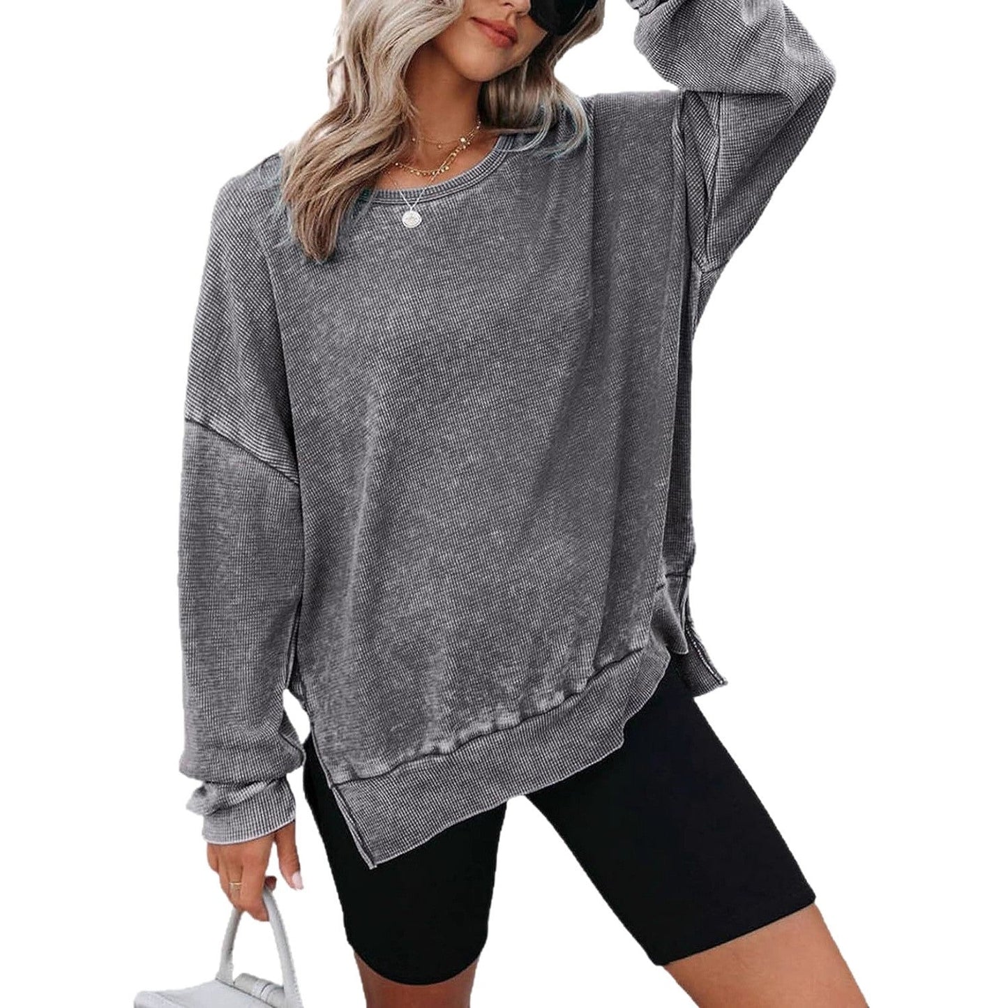 Damen Waffelpullover Lässig Mit Seitenschlitzen Grau Eveloria