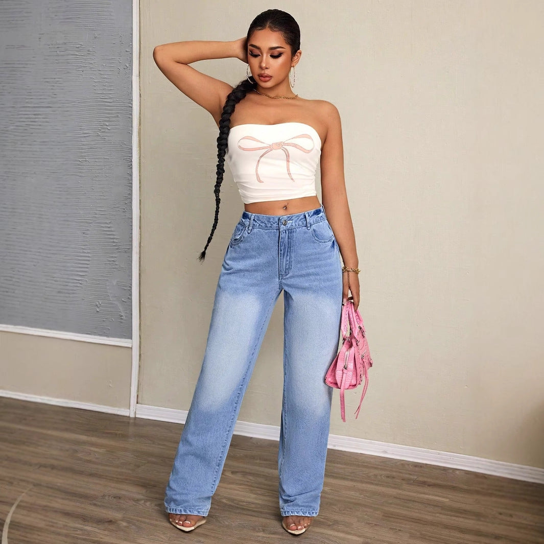 Damen Weite Jeans Hochbund Lässiger Schnitt Eveloria - Eveloria