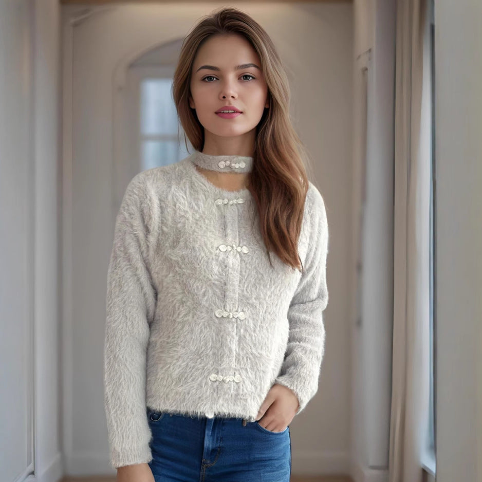 Damen Pullover Hochgeschlossen Kuschelig Dekorative Knöpfe Beige