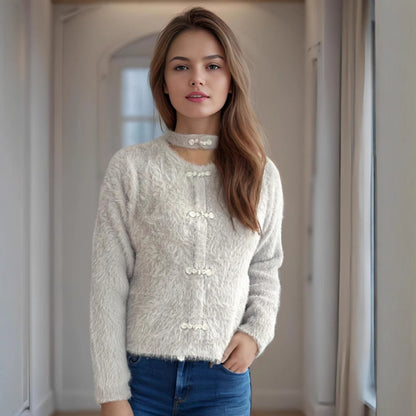 Damen Pullover Hochgeschlossen Kuschelig Dekorative Knöpfe Beige
