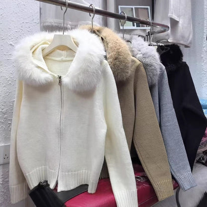 Damen Strickjacke Weich Kapuze Abnehmbar Beige Eveloria