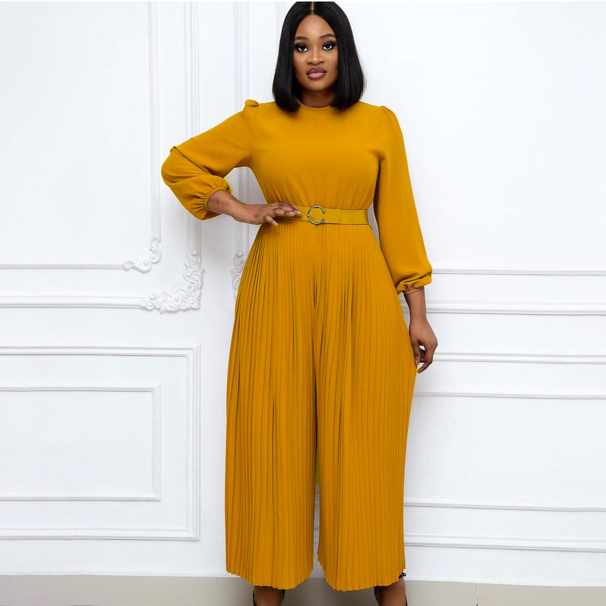 Damen Jumpsuit Plissee mit Gürtel und weiten Ärmeln Eveloria - Eveloria