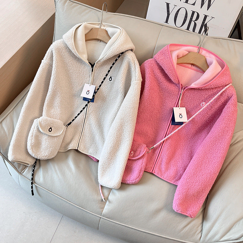 Damen Fleecejacke mit Kapuze und Umhängetasche Kuschelig Grau - Eveloria
