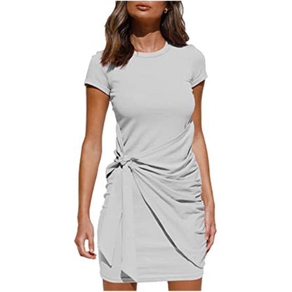 Damen Wickelkleid Kurzarm Raffung Knoten Detail Eveloria