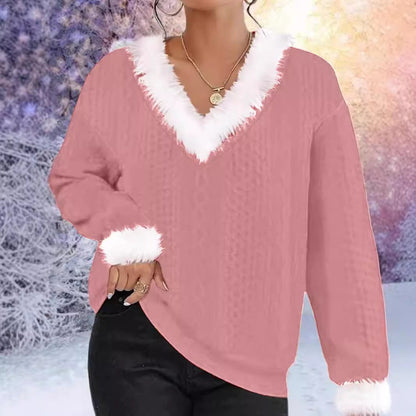 Damen Strickpullover V-Ausschnitt Kontrastpelzbesatz Eveloria