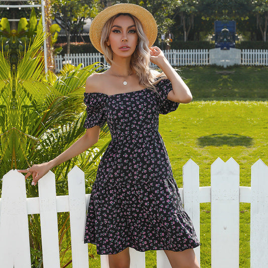 Damen Retro Blümchenkleid Weite Puffärmel Voluminöser Rock - Eveloria