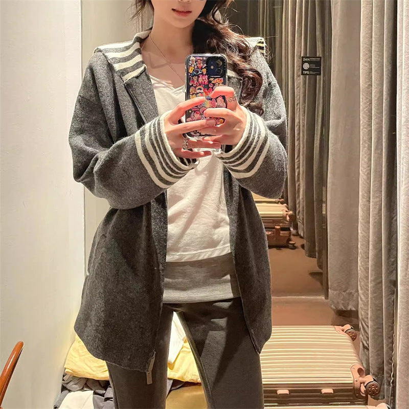 Damen Cardigan mit gestreiften Ärmeln Casual Modell