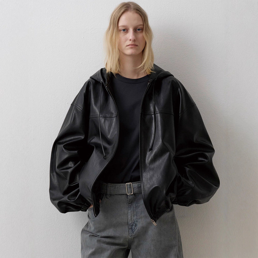 Damen Kunstlederjacke mit Kapuze Schwarz Eveloria - Eveloria