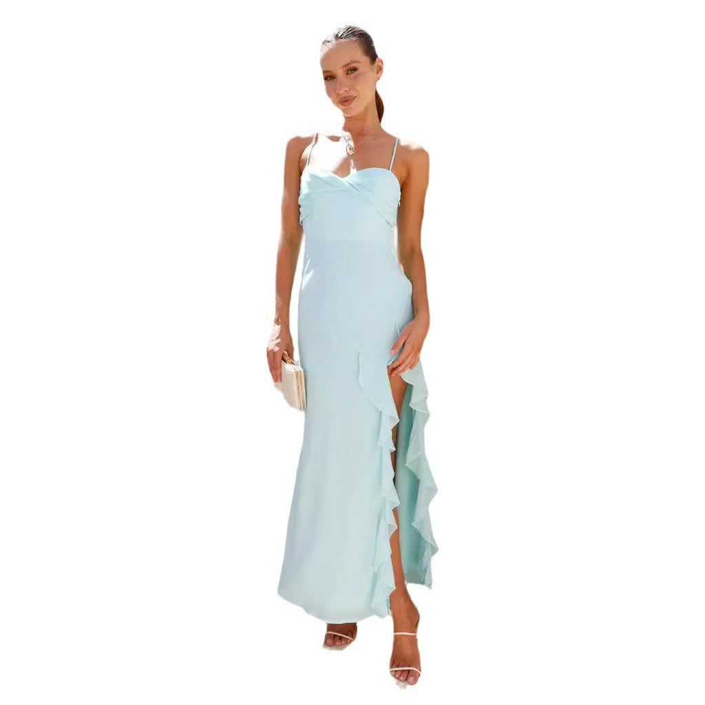Damen Maxikleid Langarm Rüschen Details Hochschlitz Eveloria