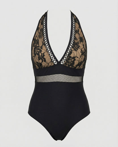 Eveloria Damen Badeanzug Halterneck Spitze