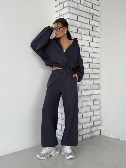 Damen Kapuzen-Sweater Voluminöse Ärmel Jogginghose Bequem Grau - Eveloria