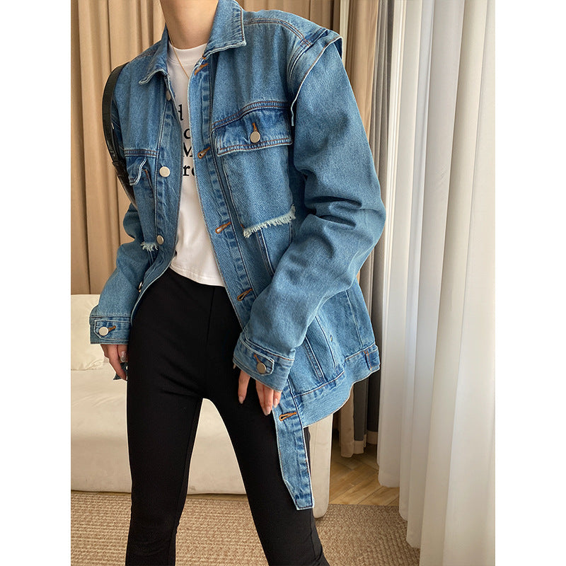 Damen Denimjacke Übergangsjacke mit Knöpfen und Taschen Blau