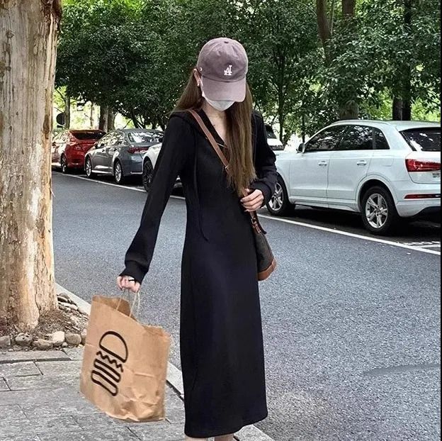 Damen Kapuzenkleid Lässiger Schnitt Lang